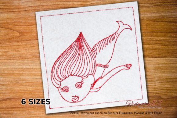 Cute Funny Mermaid Redwork for Business Embroidery